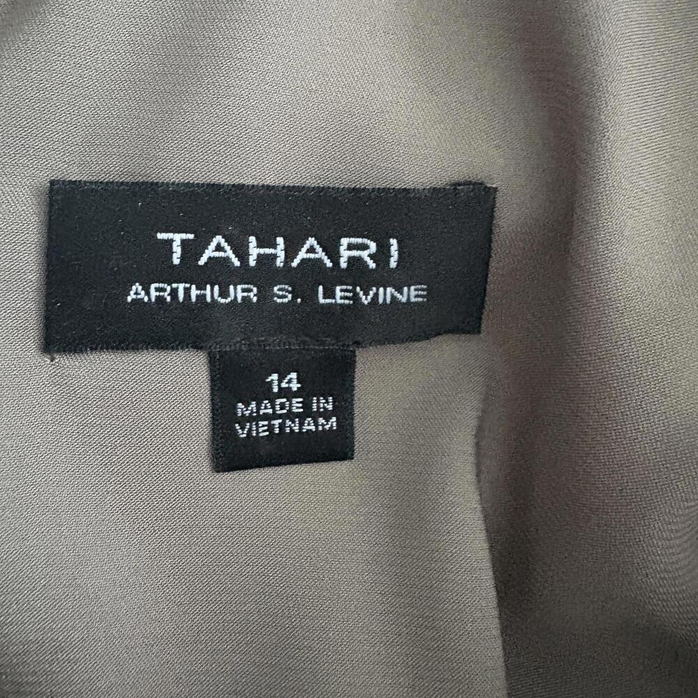Tahari | Metallic Silver Gold Shimmer Cap Sleeve Sash Dress Size 14 - Picture 8 of 9